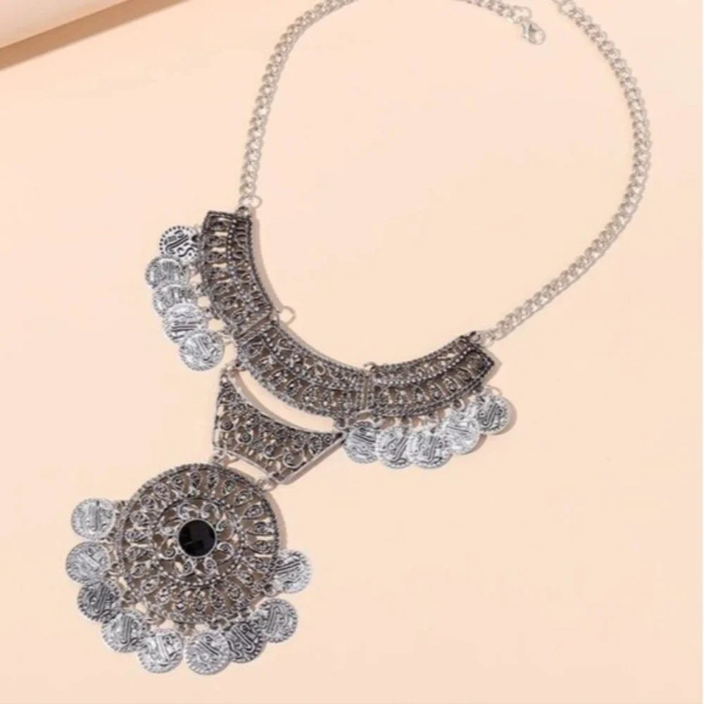 Bohemian Statement Silver Fringe Necklace Hippie‎ Goth Western Glam Coins Sexy